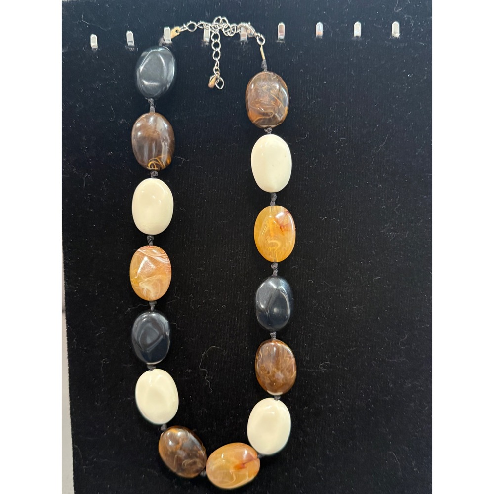 Chunky Marbled Resin Oval Bead Statement Necklace Black Brown Cream Adjustable